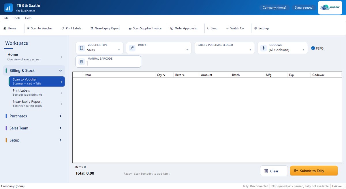 TBB & Saathi on Windows: the Scan to Voucher screen